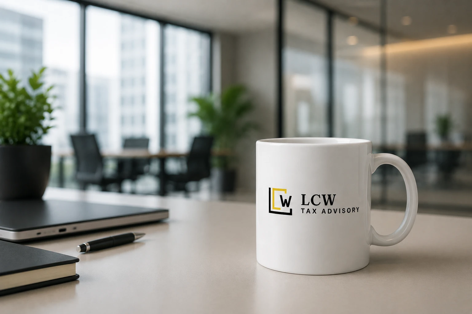 LCW Tax Advisory logo on a mug in a modern office